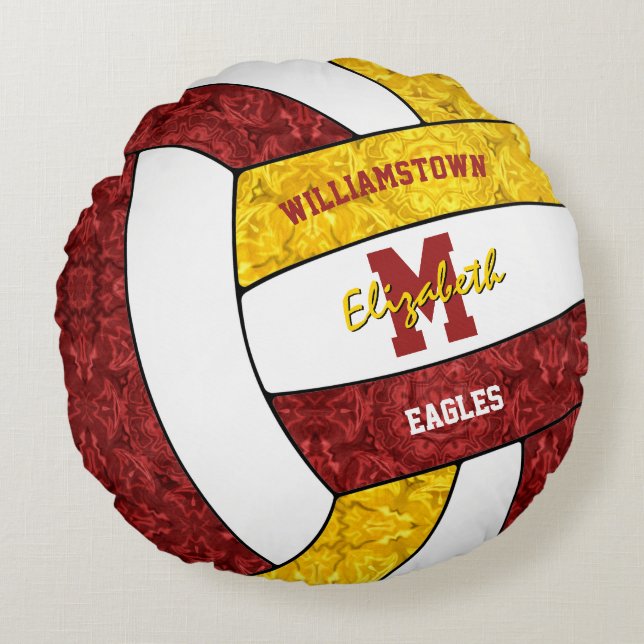 maroon gold sports team colours girls volleyball round cushion (Front)