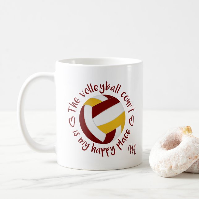 maroon gold team colors volleyball happy place coffee mug (With Donut)