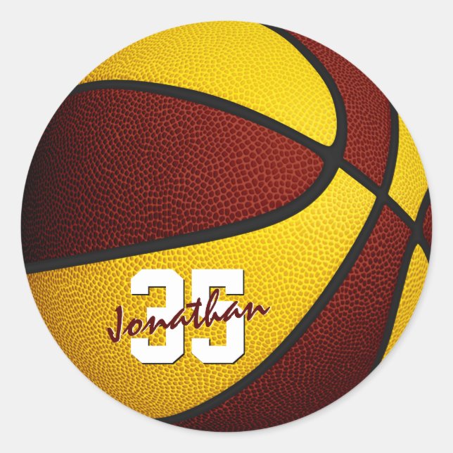 maroon gold team colours boys girls basketball classic round sticker (Front)