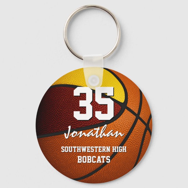 Maroon gold team colours boys girls basketball key ring (Front)