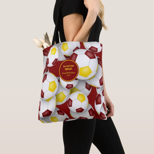 maroon gold team colours soccer coach tote bag (Close Up)