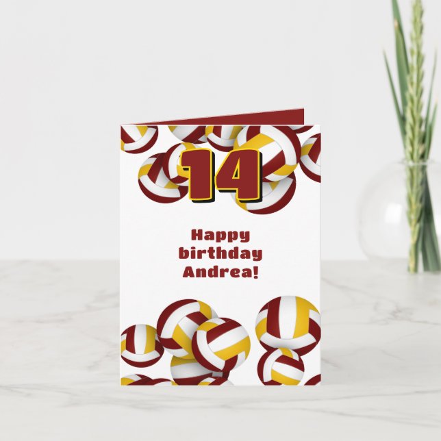 maroon gold team colours volleyballs kids birthday card (Front)
