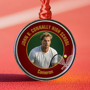 Maroon Gold Tennis Player Photo Christmas Gift Metal Tree Decoration