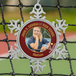 Maroon Gold Tennis Player Photo High School Snowflake Pewter Christmas Ornament<br><div class="desc">This cool customized high school tennis player photo gift features gold typography of your team and player name on a snowflake Christmas ornament with a cute tennis ball and rackets on maroon. Personalize with your student's photograph and class year as a proud sports parent.</div>
