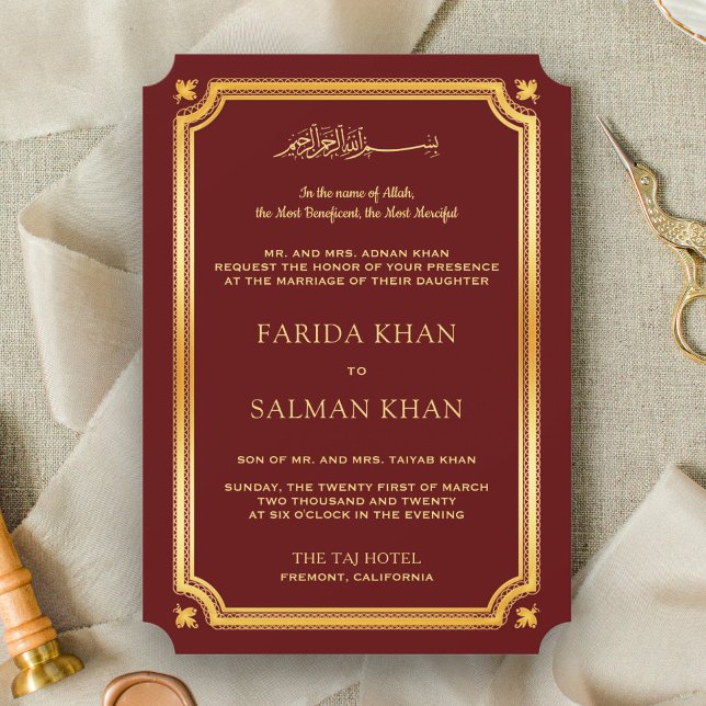 Maroon Gold Traditional Islamic Muslim Wedding Invitation (Creator Uploaded)