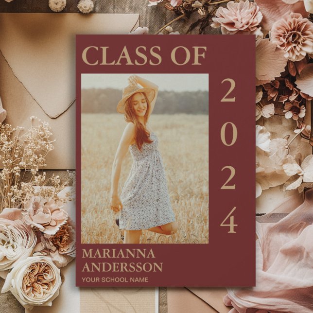 Maroon Gold Typography Photo Grad Announcement (Burgundy and gold graduation photo announcement)
