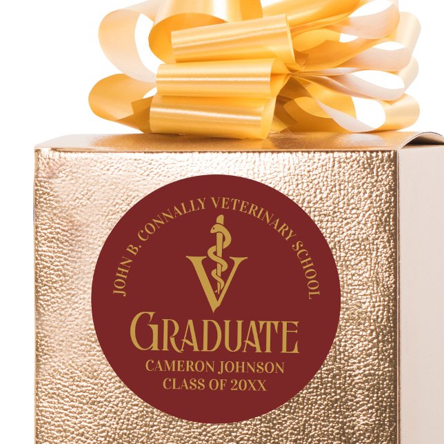 Maroon Gold Veterinary School Graduation Party Classic Round Sticker (Creator Uploaded)