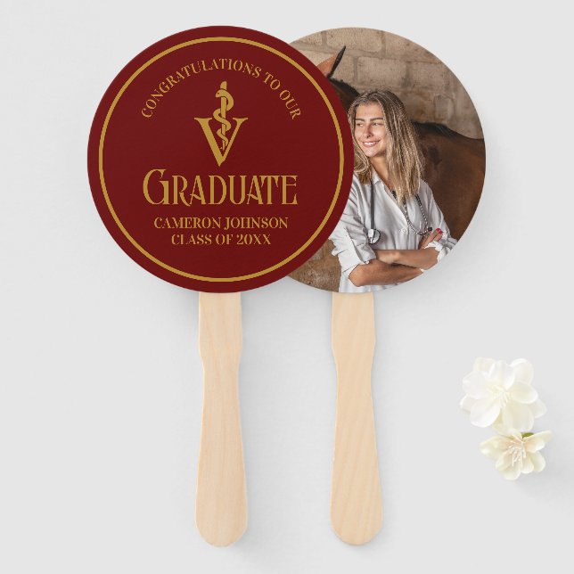 Maroon Gold Veterinary School Graduation Party Hand Fan (Front and Back)