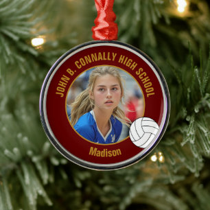 Maroon Gold Volleyball Player Photo Christmas Metal Tree Decoration