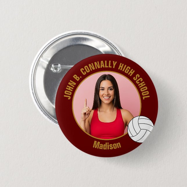 Maroon Gold Volleyball Player Photo High School 6 Cm Round Badge (Front & Back)