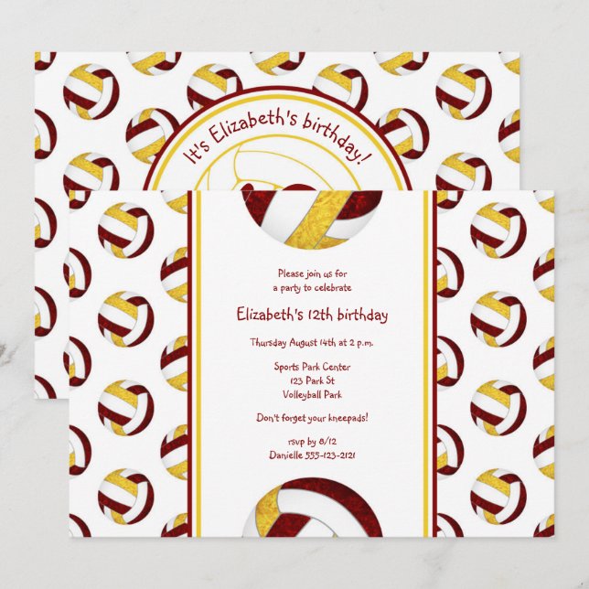 maroon gold volleyball team girls' birthday party invitation (Front/Back)