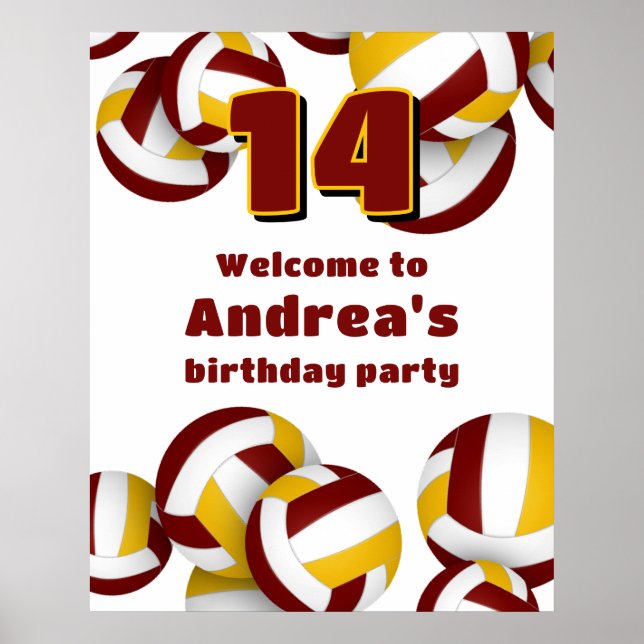 maroon gold volleyballs birthday party welcome poster (Front)