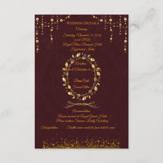 Maroon Gold Wedding Details Card (Front)