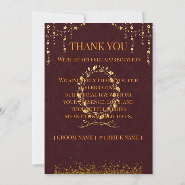 Maroon Gold Wedding Thank You Card | (Front)