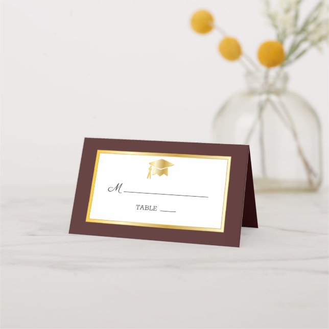 Maroon | Gold | White Grad Cap Place Cards (Front)