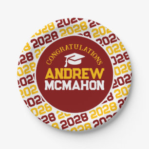 Maroon, Gold & White Graduation Personalised Paper Plate