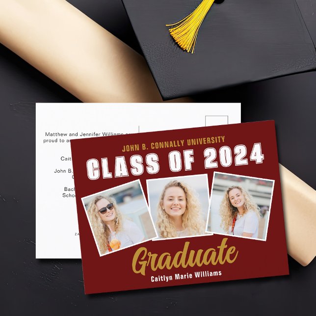 Maroon Gold White Photo Collage 2025 Graduation Announcement Postcard (Creator Uploaded)