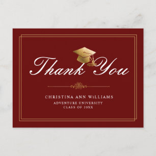Maroon Gold White Script Graduation Thank You Postcard