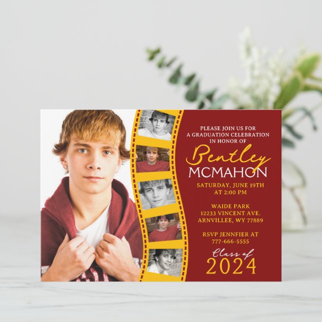Maroon & Gold Yellow Filmstrip 6 Photo Graduation Invitation (Standing Front)