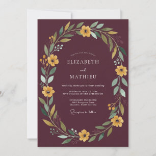 Maroon Golden Rustic Floral Wedding Invitation