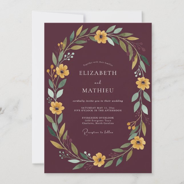 Maroon Golden Rustic Floral Wedding Invitation (Front)