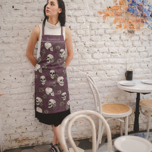 Maroon Gothic Skulls and Roses Custom Name Apron