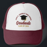 Maroon Graduate Custom Class of 2025 Graduation Trucker Hat<br><div class="desc">These modern maroon and gold custom senior graduate hats feature your high school or college name for the class of 2025. Customise with your graduating year under the chic handwritten script and black grad cap for a great personalised graduation party favour gift.</div>