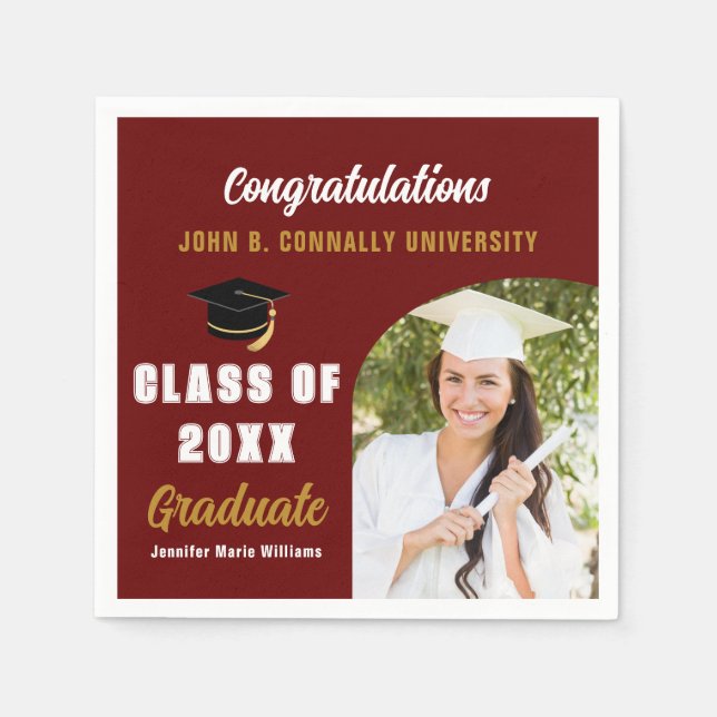 Maroon Graduate Photo Arch Custom Graduation Party Napkin (Front)