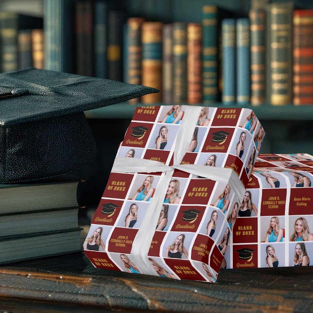 Maroon Graduate Photo Collage Custom Graduation Wrapping Paper (Creator Uploaded)