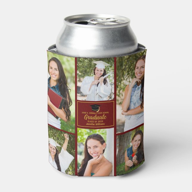 Maroon Graduate Photo Collage Graduation Party Can Cooler (Can Front)