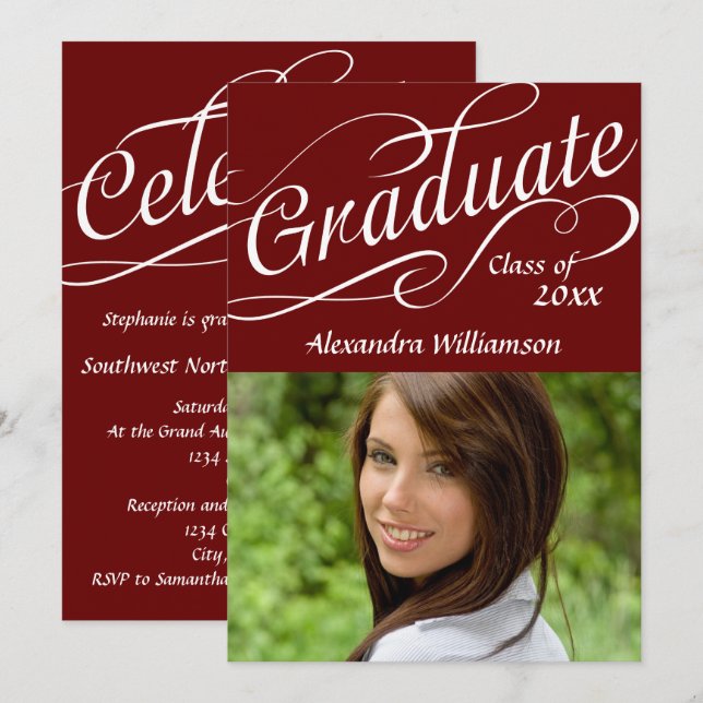 Maroon Graduate Swirly Script Photo Invitation (Front/Back)
