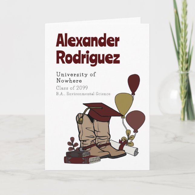 Maroon Graduation Cap Cowboy Boot Arrangement Invitation (Front)