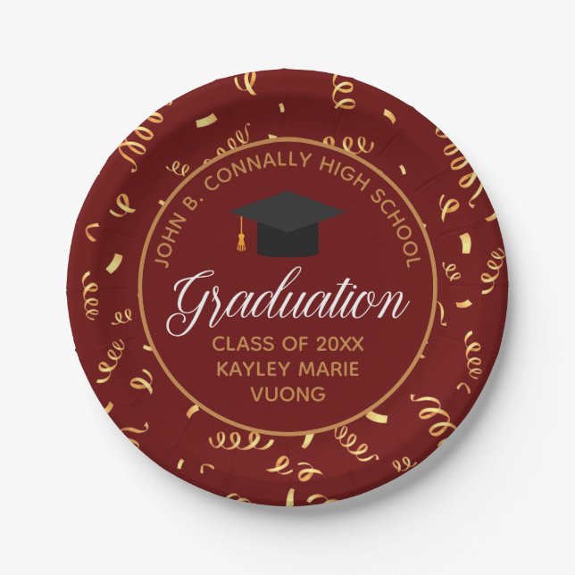 Maroon Graduation Gold Streamers Custom 2025 Party Paper Plate (Front)