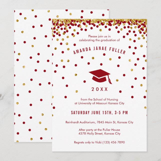 Maroon Graduation Invitation | Faux Gold Glitter (Front/Back)