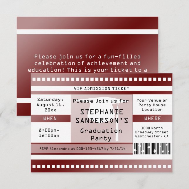Maroon Graduation or Party Admission Ticket Invitation (Front/Back)