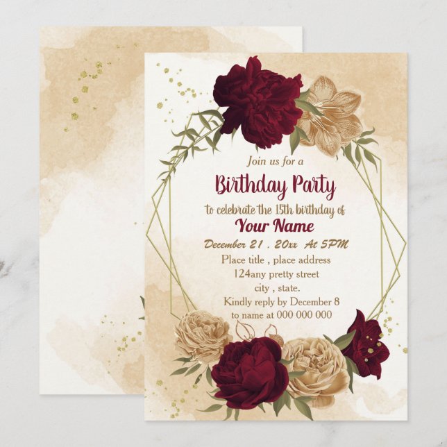 Maroon green beige gold botanical birthday  invitation (Front/Back)