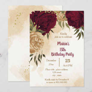 Maroon green beige gold botanical birthday  invitation