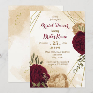 Maroon green beige gold botanical bridal shower invitation