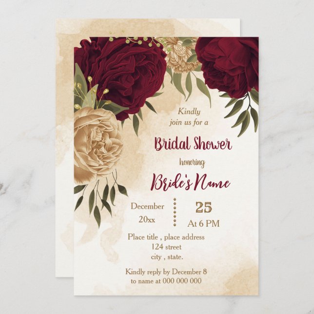 Maroon green beige gold botanical bridal shower invitation (Front/Back)