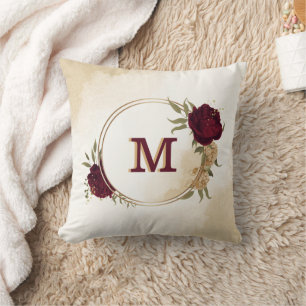 Maroon green beige gold botanical cushion
