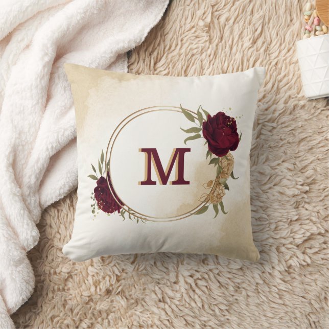 Maroon green beige gold botanical cushion (Blanket)