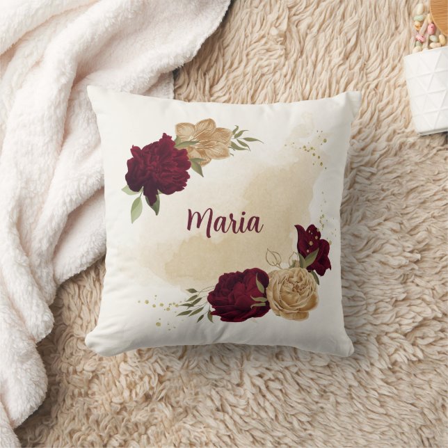 Maroon green beige gold botanical cushion (Blanket)