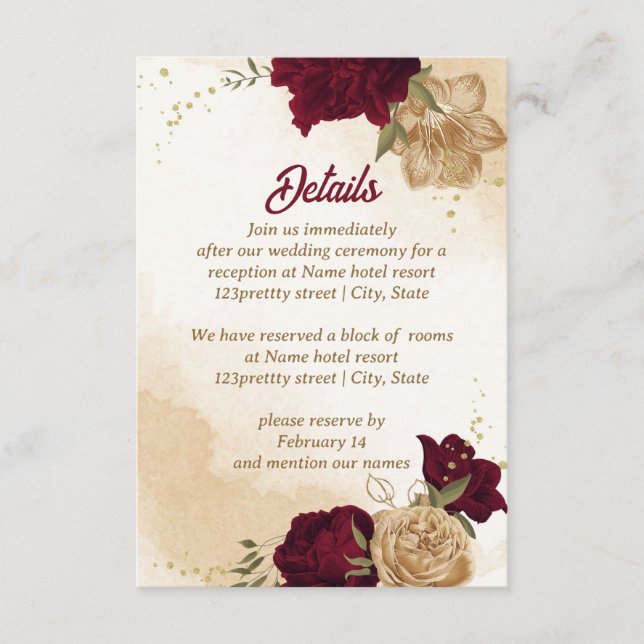Maroon green beige gold botanical enclosure card (Front)