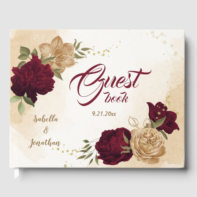 Maroon green beige gold botanical guest book (Front)