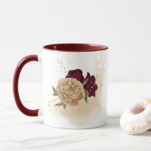 Maroon green beige gold botanical mug