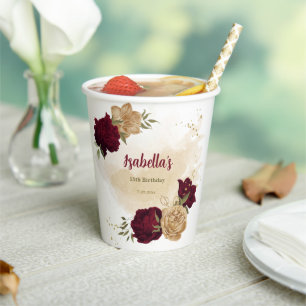 Maroon green beige gold botanical  paper cups