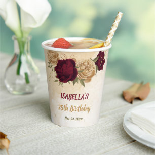 Maroon green beige gold botanical  paper cups
