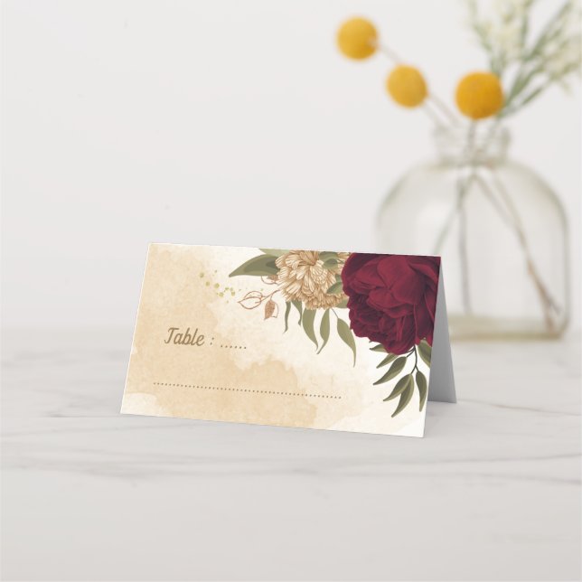 Maroon green beige gold botanical place card (Front)