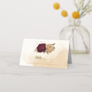 Maroon green beige gold botanical place card