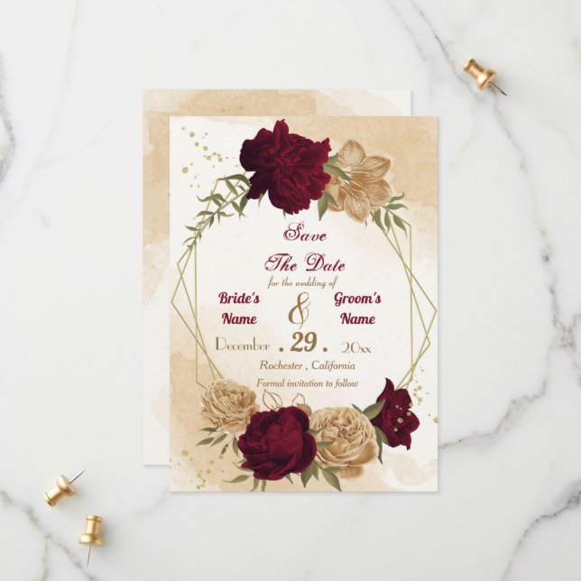 Maroon green beige gold botanical save the date (Front/Back In Situ)